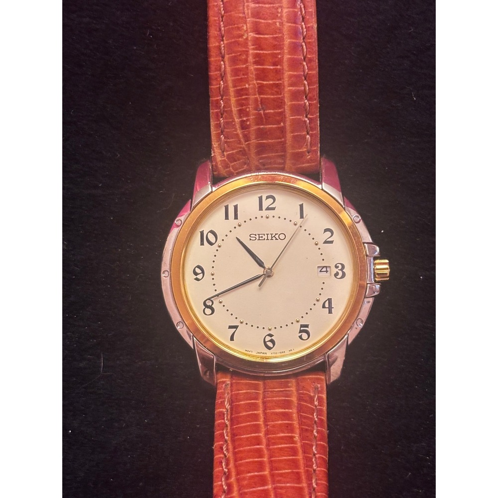 Seiko V732-0P79 Two Tone Quartz Watch Brown Leather Strap Date Cream Dial